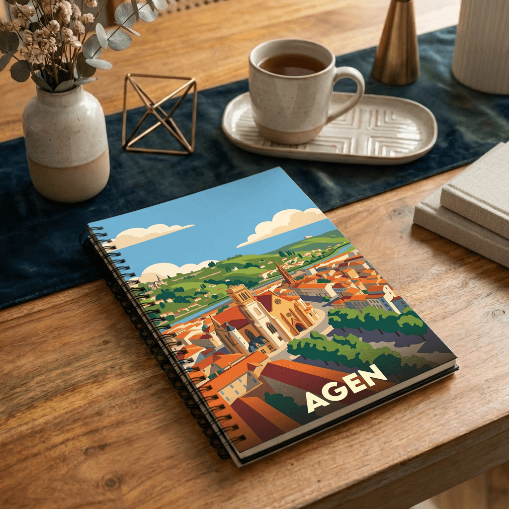 Carnet souvenir de la ville d'Agen avec une illustration stylisée.