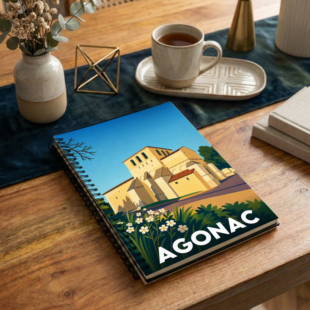 Carnet souvenir de la ville d'Agonac avec une illustration stylisée.