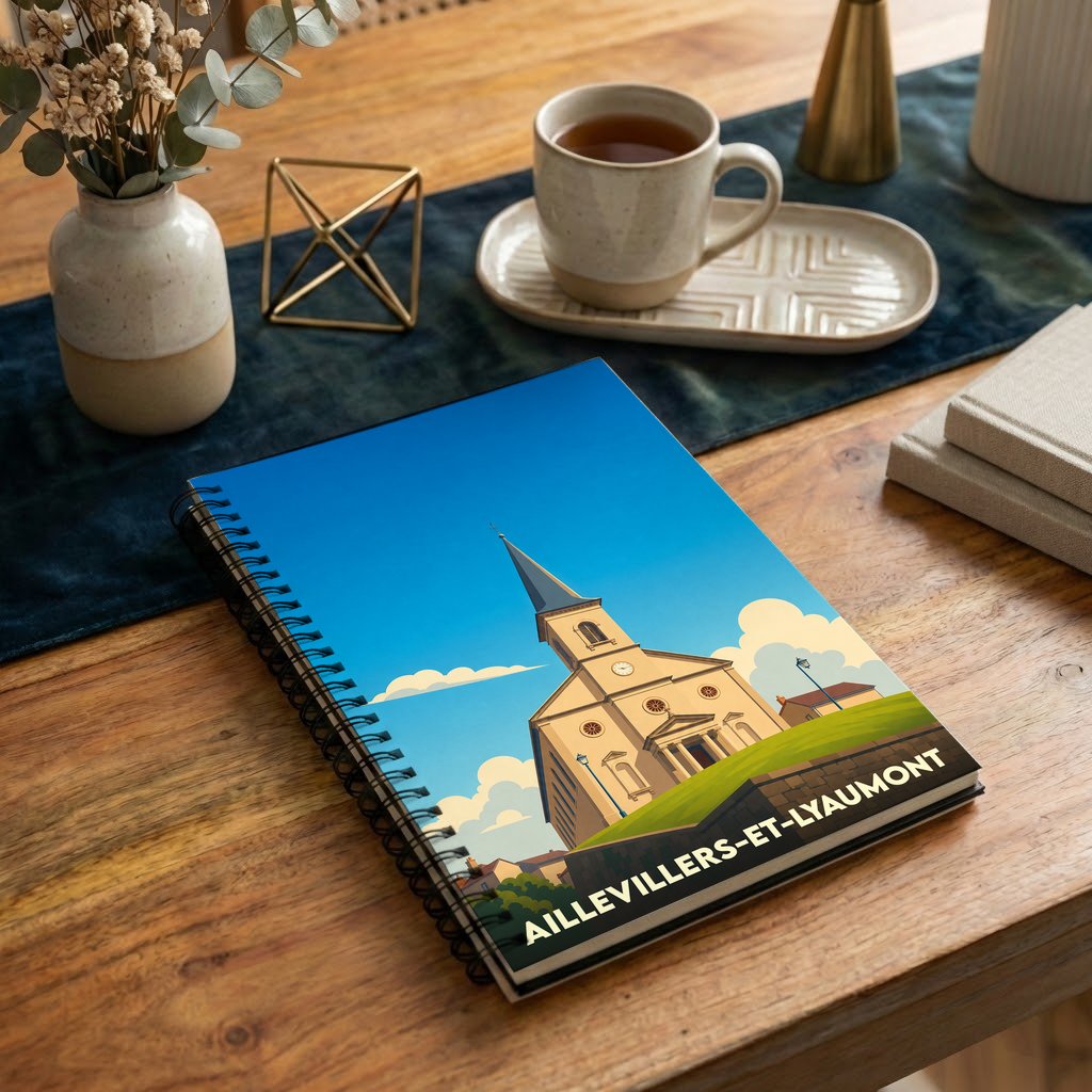 Carnet souvenir de la ville d'Aillevillers-et-Lyaumont avec une illustration stylisée de son église.