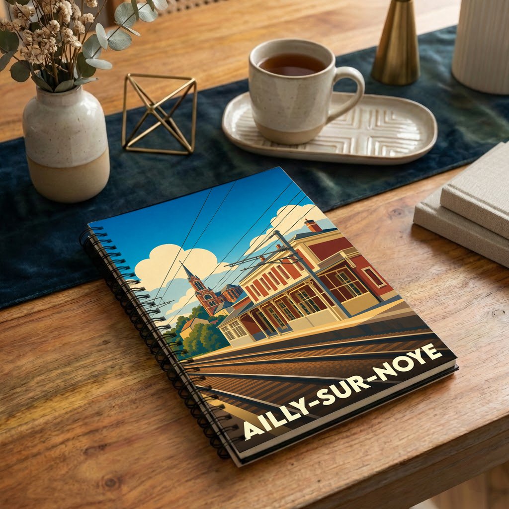 Carnet souvenir de la ville d'Ailly-sur-Noye avec une illustration stylisée de sa gare et de son église.