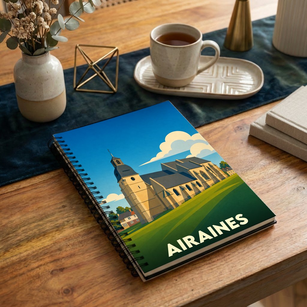 Carnet à spirales souvenir de la ville d'Airaines avec une illustration stylisée de son église.