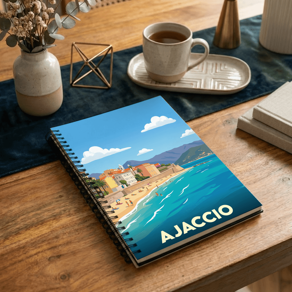 Carnet souvenir de la ville d'Ajaccio avec une illustration stylisée.