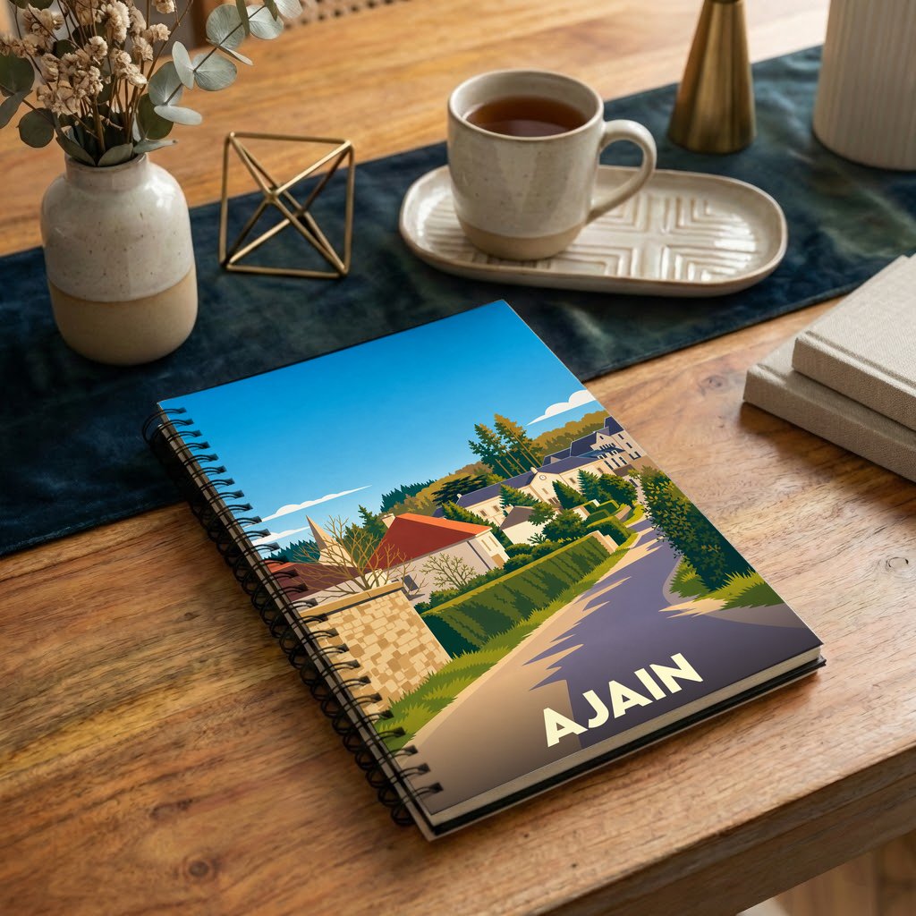 Carnet à spirales souvenir de la ville de Ajain avec une illustration stylisée de son paysage urbain.