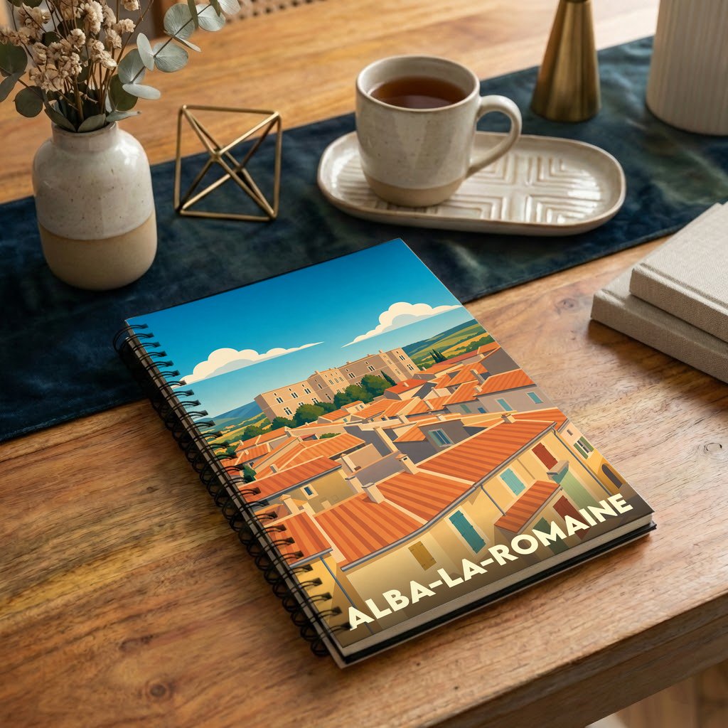 Carnet à spirales souvenir de la ville de Alba-la-Romaine avec une illustration stylisée de ses toits.