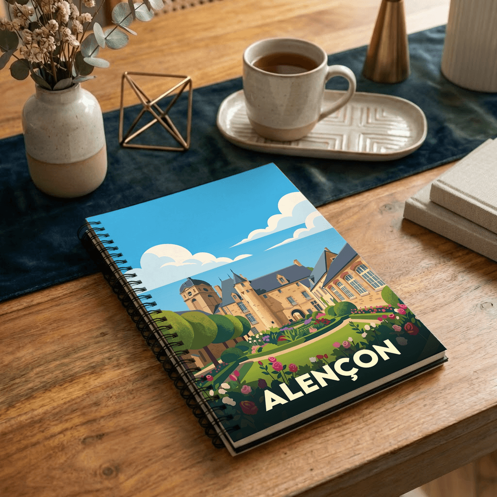Carnet souvenir de la ville d'Alençon avec une illustration stylisée de son château et de ses jardins.