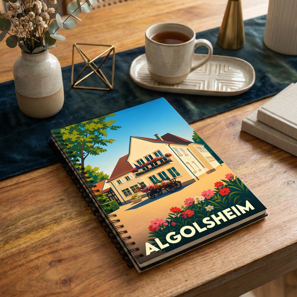 Carnet souvenir de la ville d'Algolsheim avec une illustration stylisée d'une maison fleurie.
