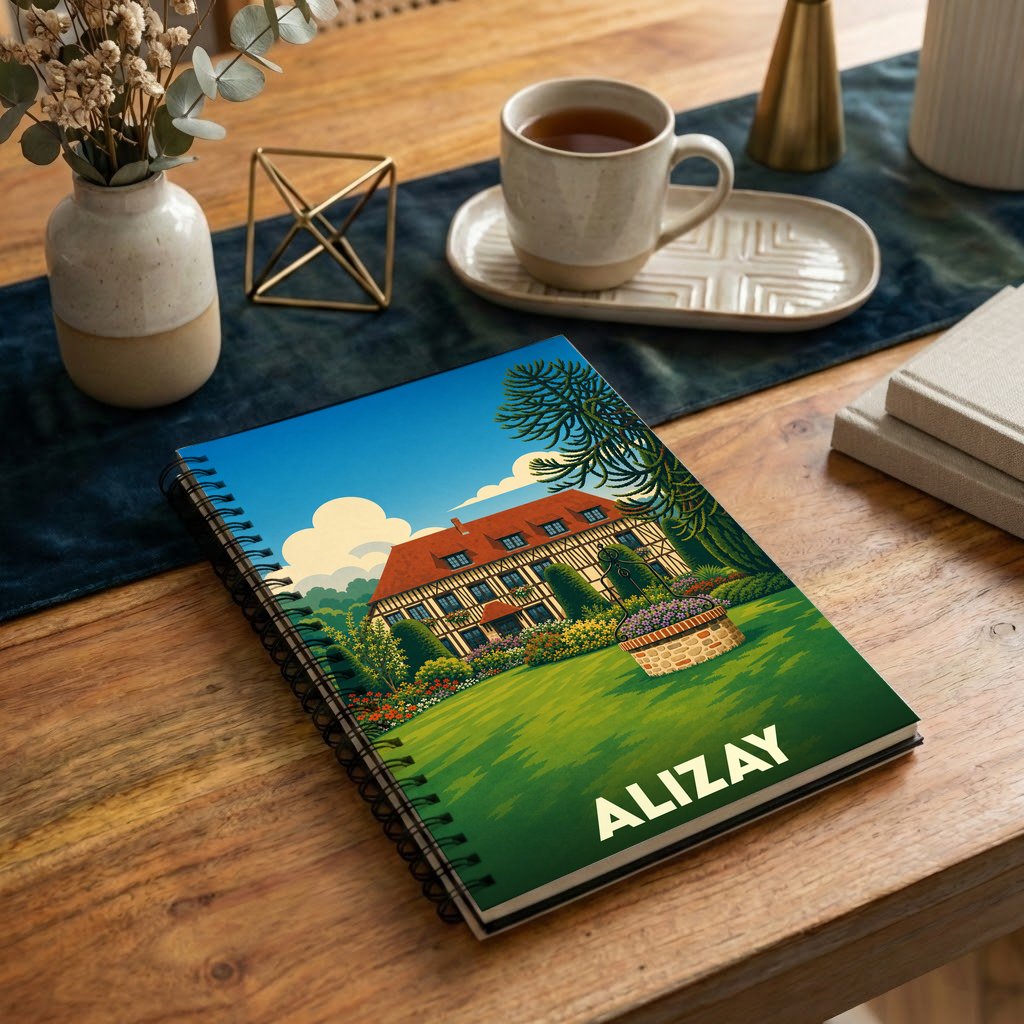 Carnet souvenir de la ville d'Alizay avec une illustration colorée représentant une maison traditionnelle à colombages et son jardin.