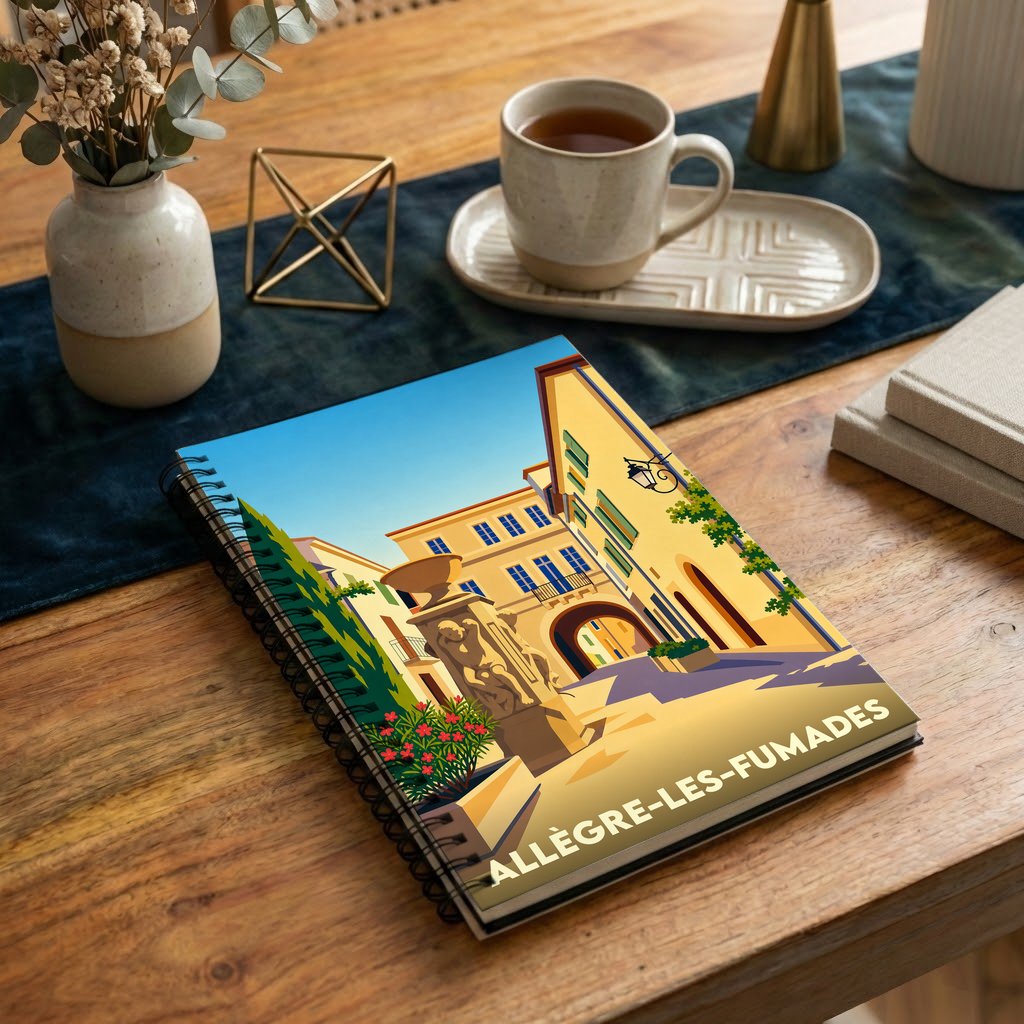 Carnet à spirales souvenir de la ville d'Allègre-les-Fumades avec une illustration stylisée d'une place ensoleillée.