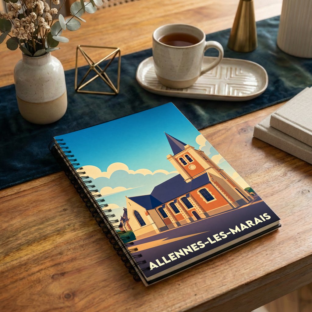Carnet souvenir de la ville de Allennes-les-Marais avec une illustration stylisée de son église.
