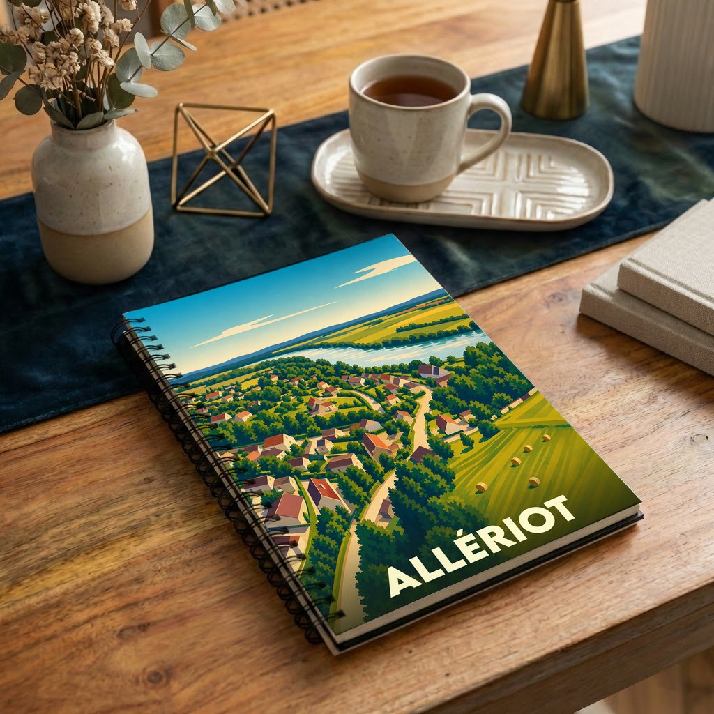 Carnet souvenir de la ville de Allériot illustré d'un paysage panoramique stylisé.