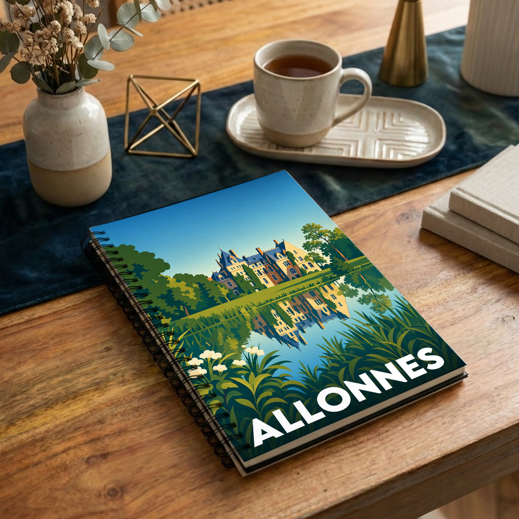 Carnet à spirale souvenir de la ville d'Allonnes avec une illustration stylisée d'un château se reflétant dans l'eau.