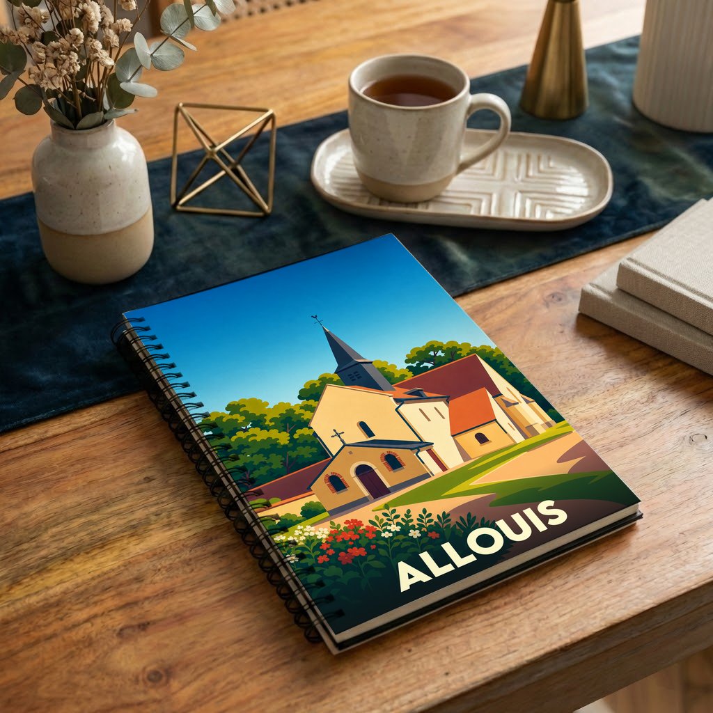Carnet souvenir de la ville d'Allouis avec une illustration stylisée de son église.