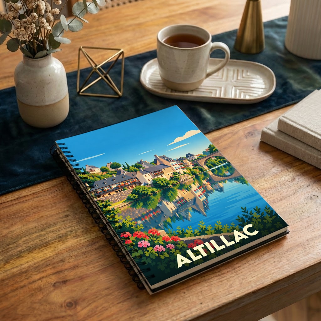 Carnet à spirales souvenir de la ville d'Altillac avec une illustration stylisée d'un paysage fluvial.