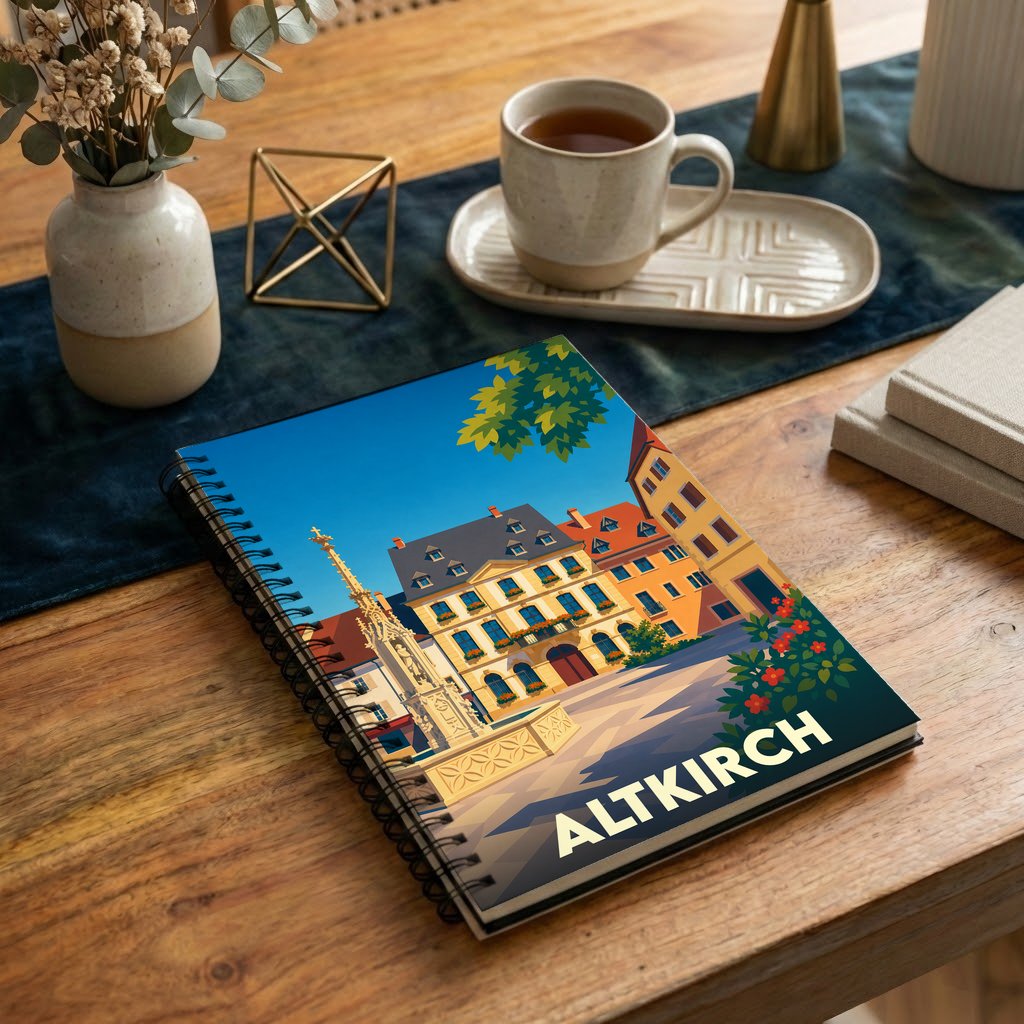 Carnet souvenir de la ville de Altkirch avec une illustration stylisée de sa place historique.