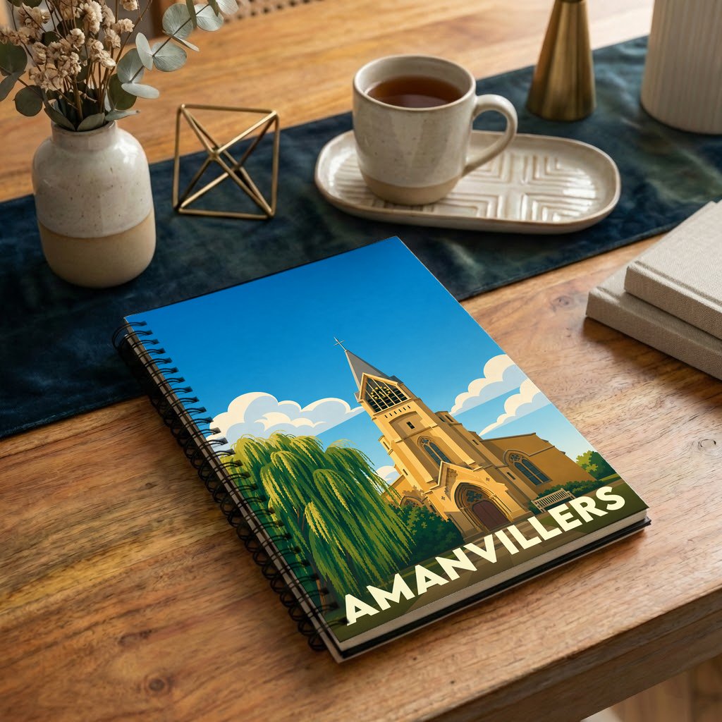 Carnet à spirales souvenir de la ville d'Amanvillers avec une illustration stylisée de son église.