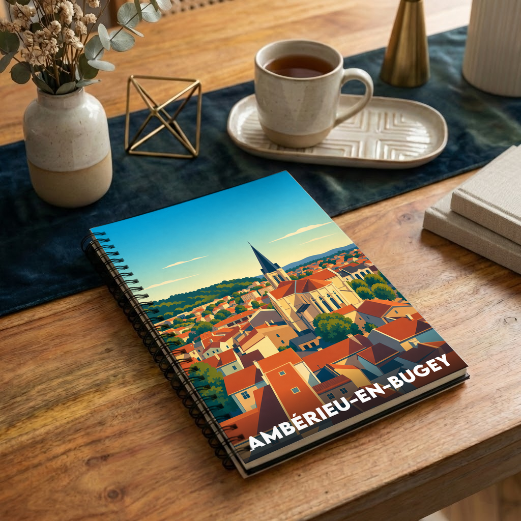 Carnet de notes souvenir d'Ambérieu-en-Bugey illustré par une vue aérienne stylisée et colorée de la ville.