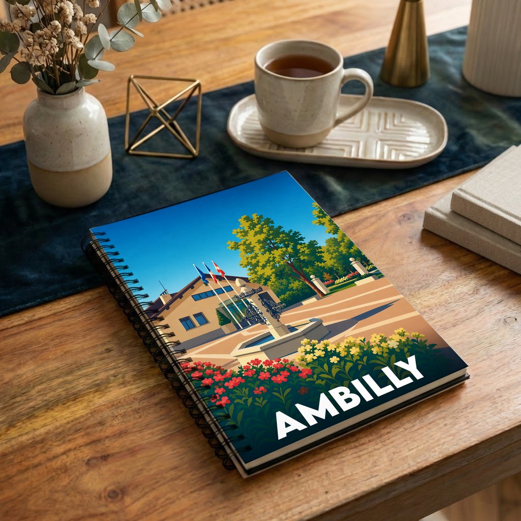 Carnet souvenir de la ville d'Ambilly avec une illustration stylisée et colorée de son paysage urbain.