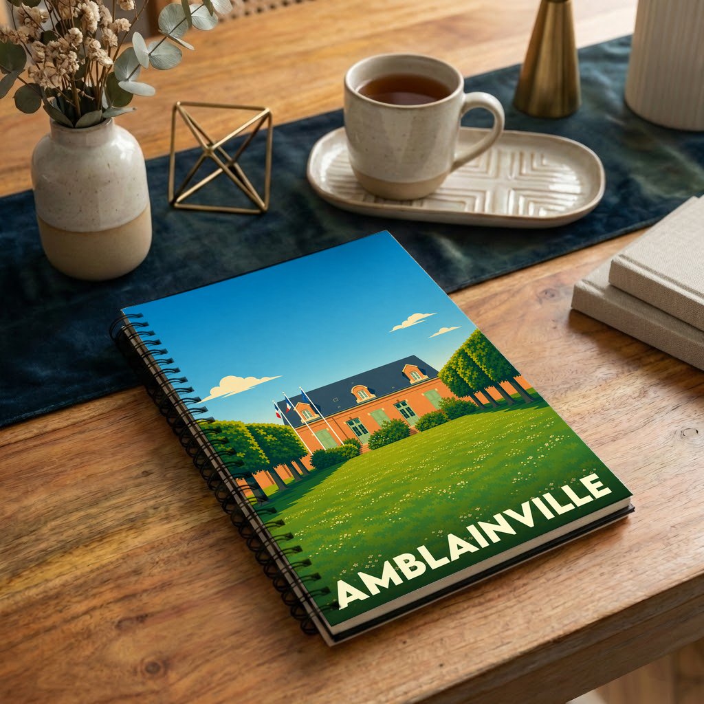 Carnet souvenir de la ville de Amblainville avec une illustration stylisée de son patrimoine.