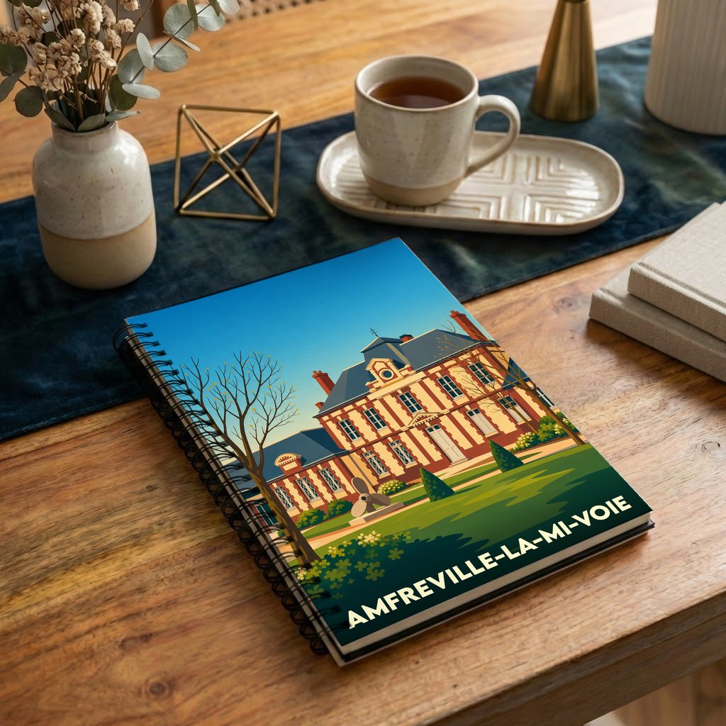 Carnet souvenir de la ville d'Amfreville-la-Mi-Voie avec une illustration stylisée de son hôtel de ville.