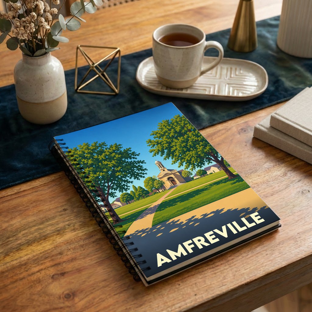 Carnet à spirale souvenir de la ville d'Amfreville orné d'une illustration stylisée de son église et de son parc.