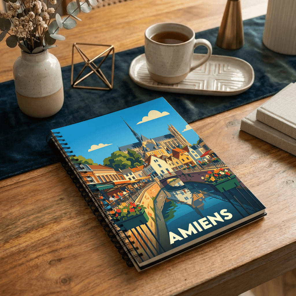 Carnet souvenir de la ville d'Amiens avec une illustration stylisée de ses canaux et de sa cathédrale.