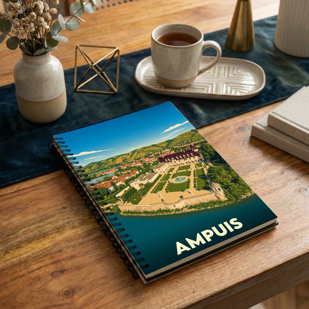 Carnet à spirales souvenir de la ville d'Ampuis avec une illustration stylisée de son château et des vignobles environnants.