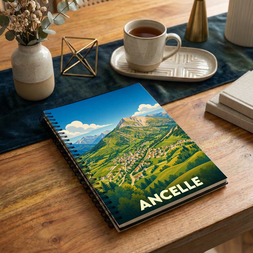 Carnet à spirales souvenir de la ville d'Ancelle avec une illustration stylisée de ses paysages montagneux.