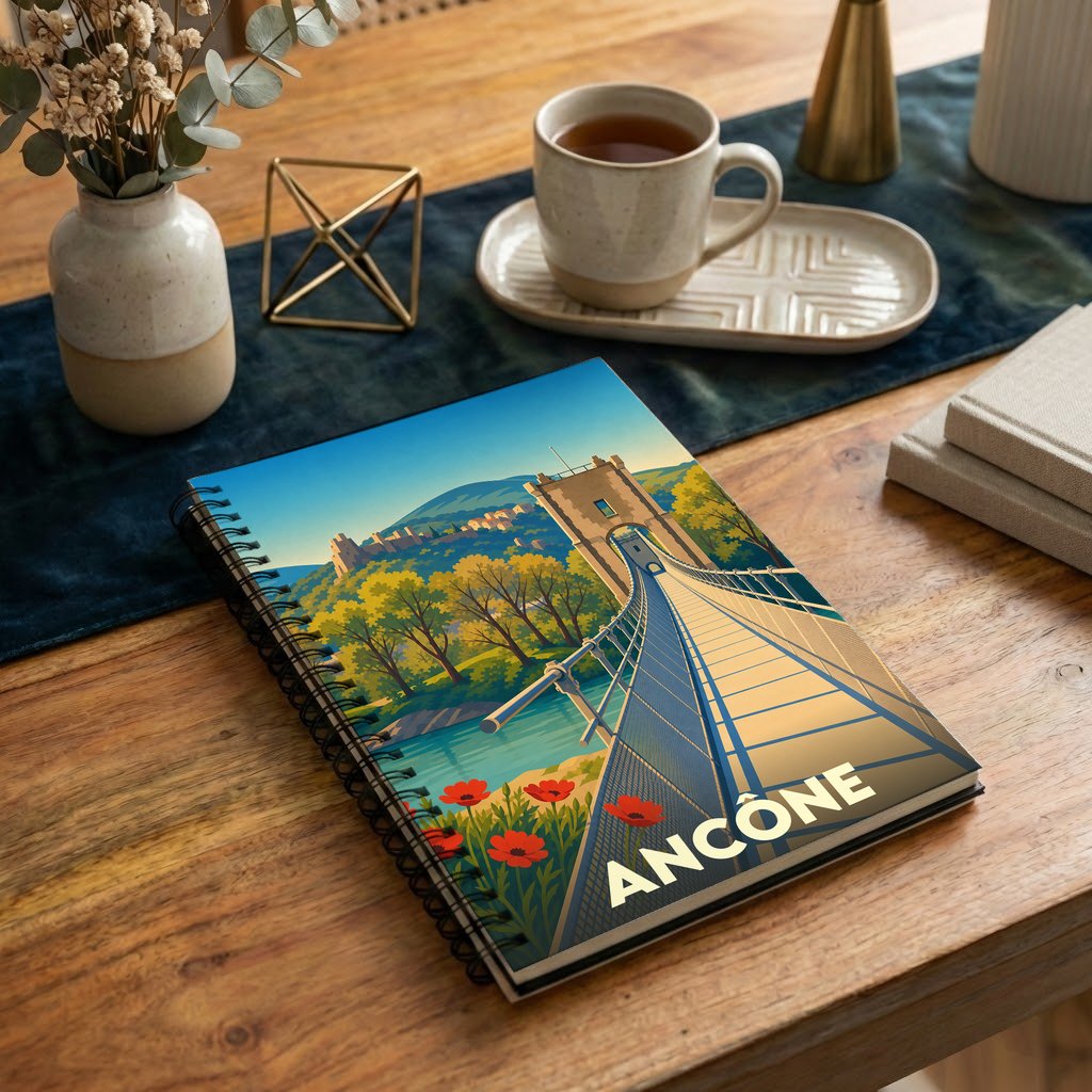 Carnet à spirales souvenir de la ville d'Ancône avec une illustration stylisée de son pont suspendu.