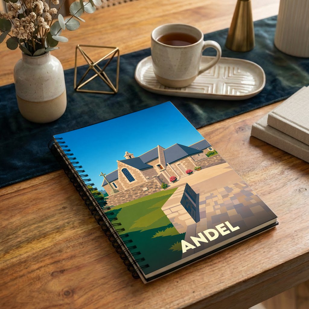 Carnet à spirales souvenir de la ville d'Andel avec une illustration stylisée de son église.