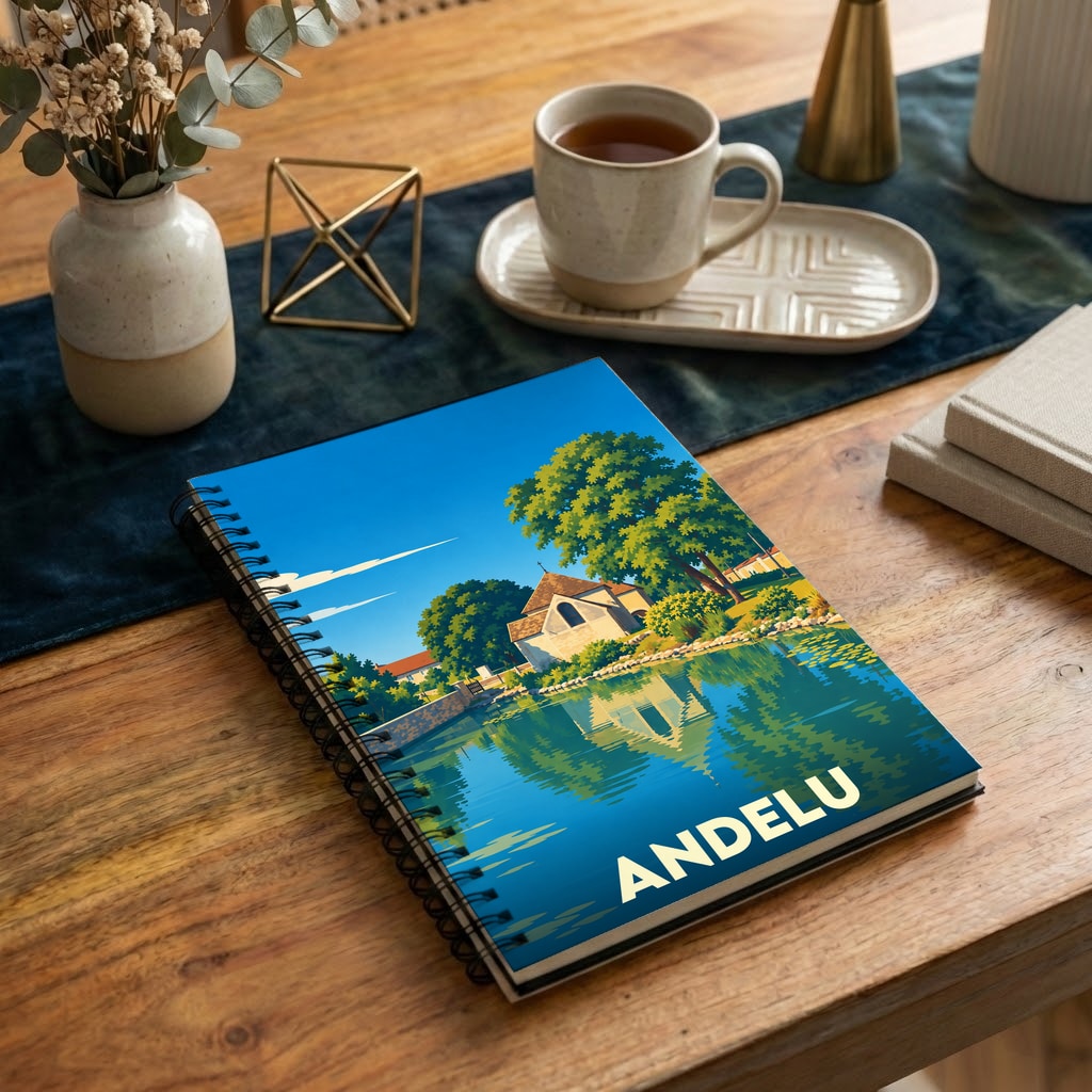 Carnet souvenir de la ville d'Andelu avec une illustration stylisée d'un paysage au bord de l'eau.