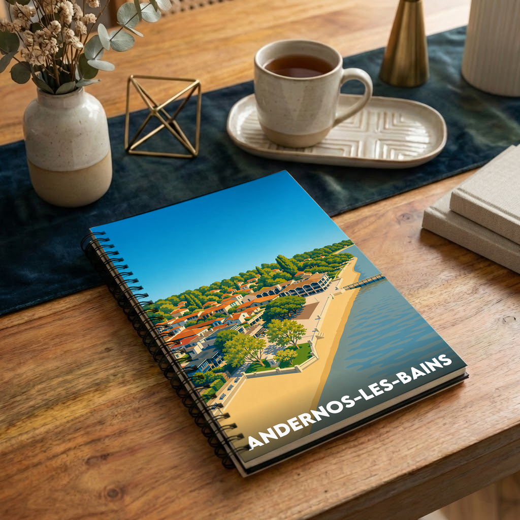 Carnet souvenir de la ville d'Andernos-les-Bains avec une illustration stylisée du bord de mer.