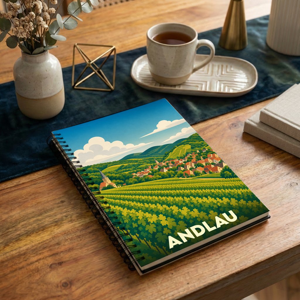 Carnet à spirales souvenir de la ville d'Andlau illustré d'un paysage de vignobles et de collines.