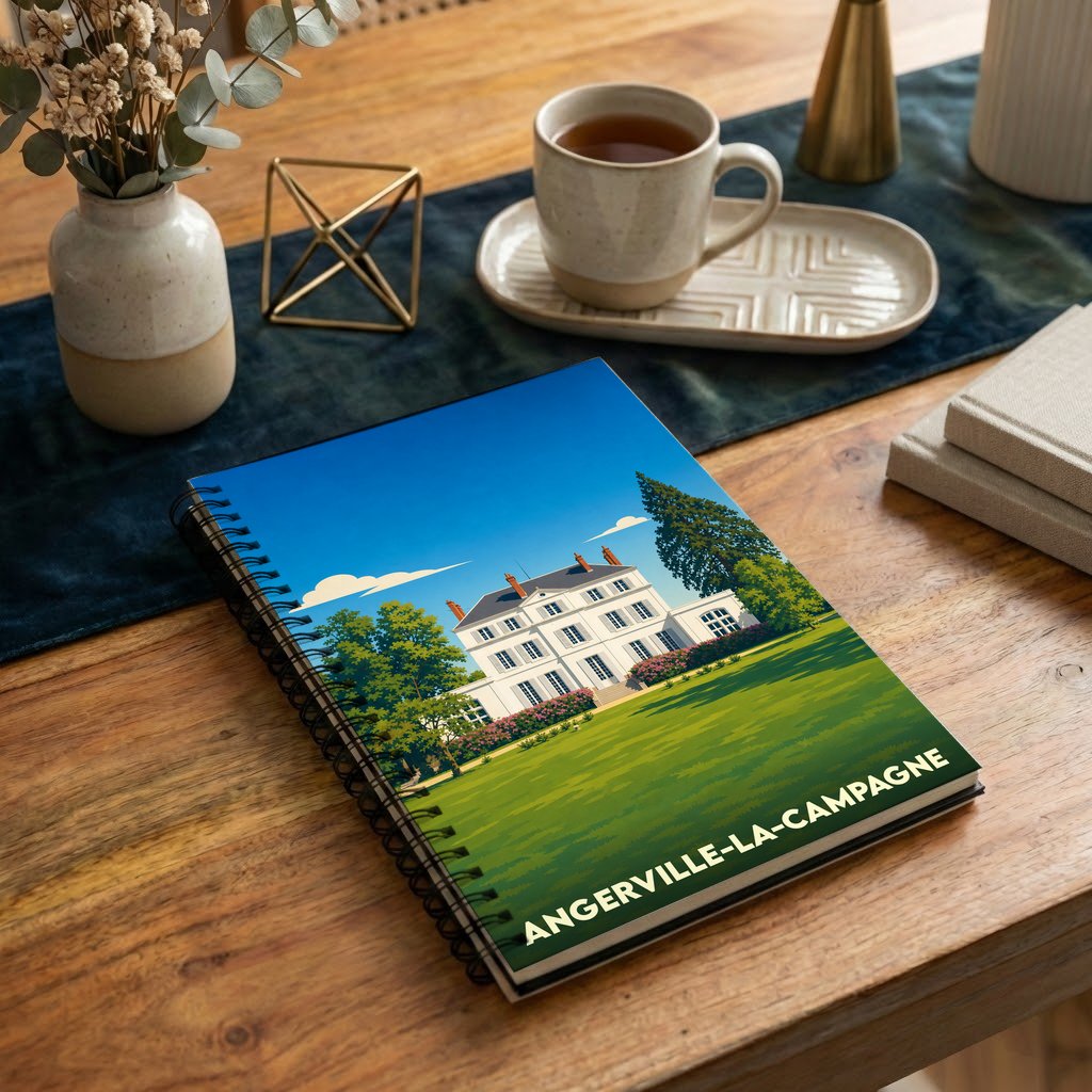 Carnet souvenir de la ville d'Angerville-la-Campagne avec une illustration stylisée de son château.