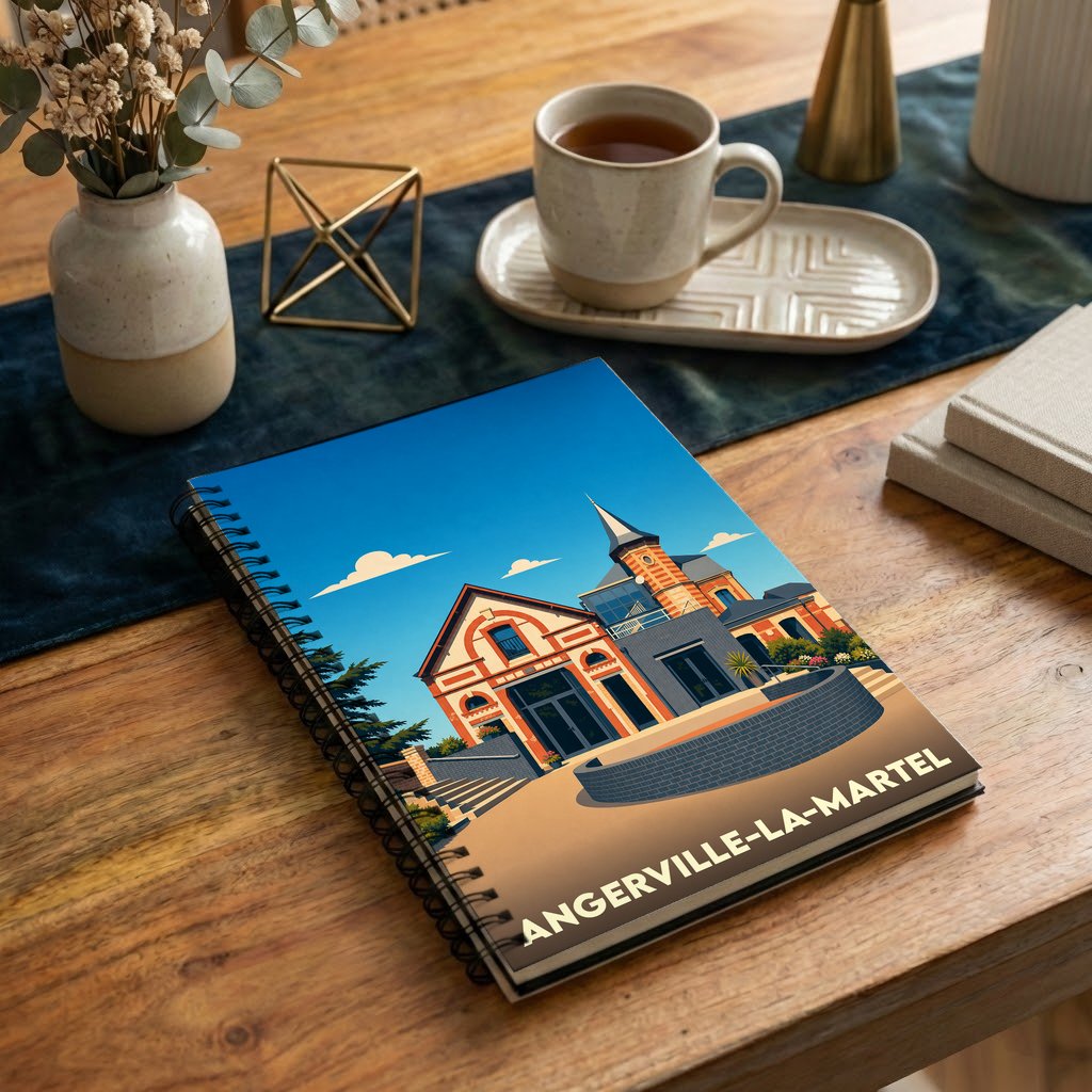 Carnet souvenir de la ville d'Angerville-la-Martel avec une illustration stylisée de son architecture.
