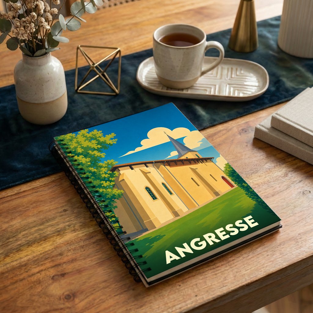 Carnet souvenir de la ville d'Angresse avec une illustration stylisée de son église.