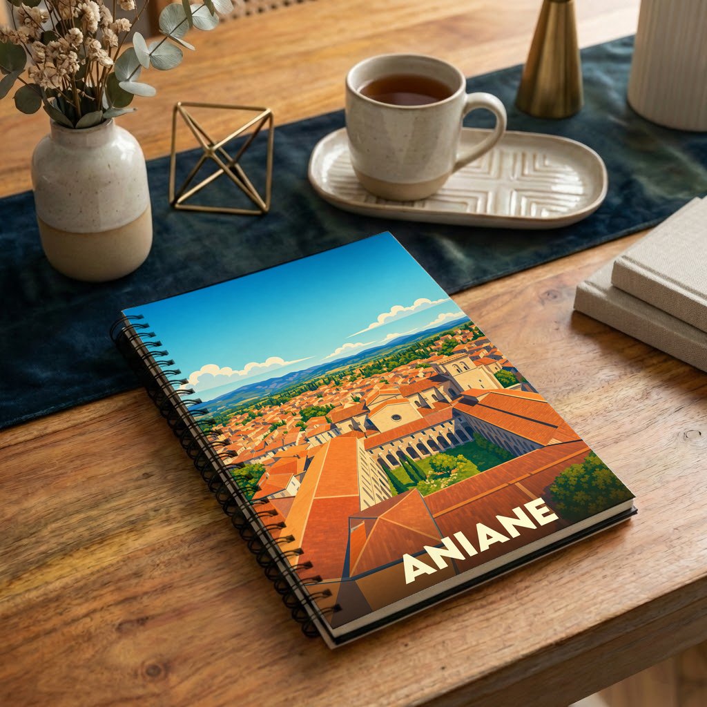 Carnet de notes à spirales souvenir de la ville d'Aniane avec une illustration stylisée de ses toits.
