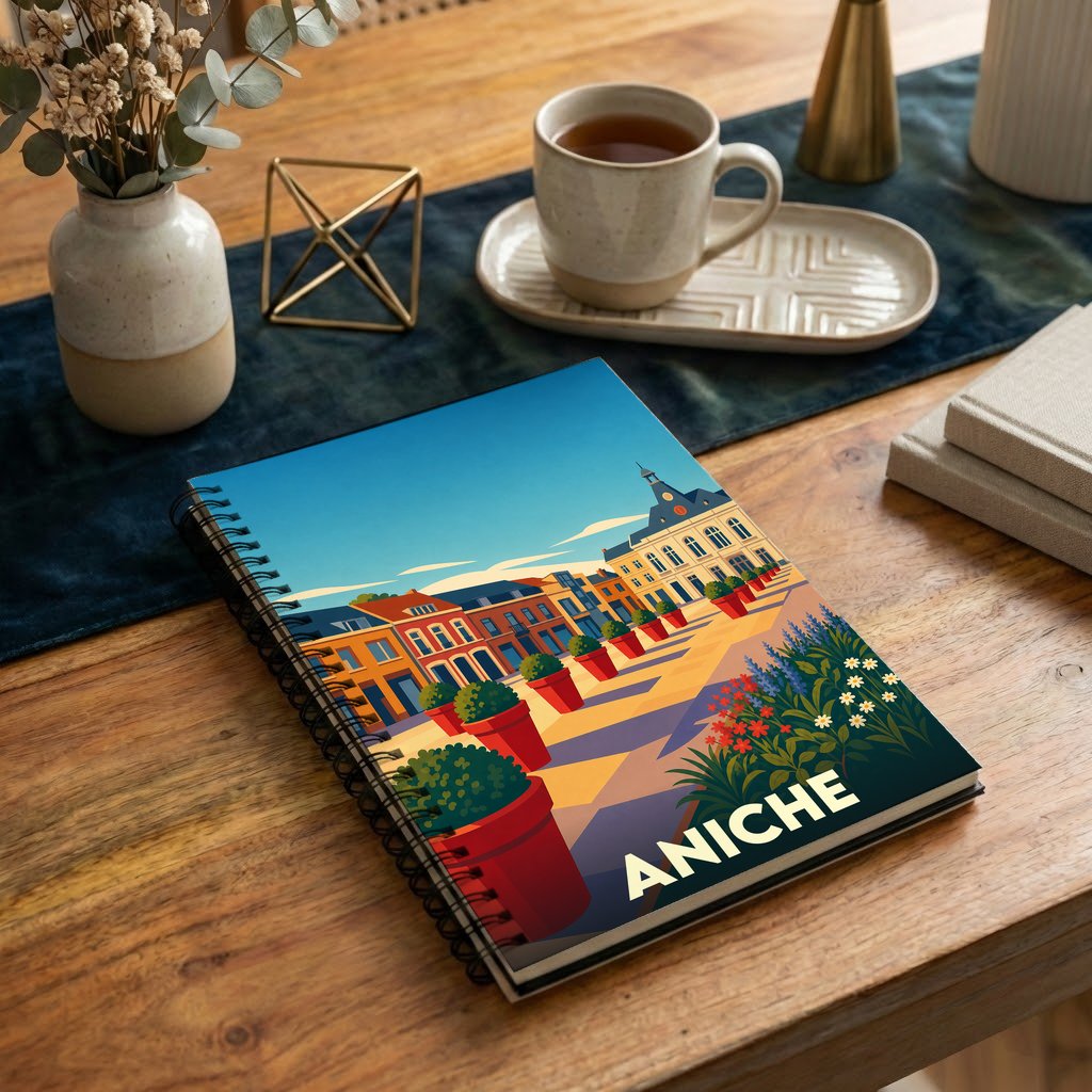 Carnet souvenir de la ville d'Aniche avec une illustration stylisée et colorée de son architecture.