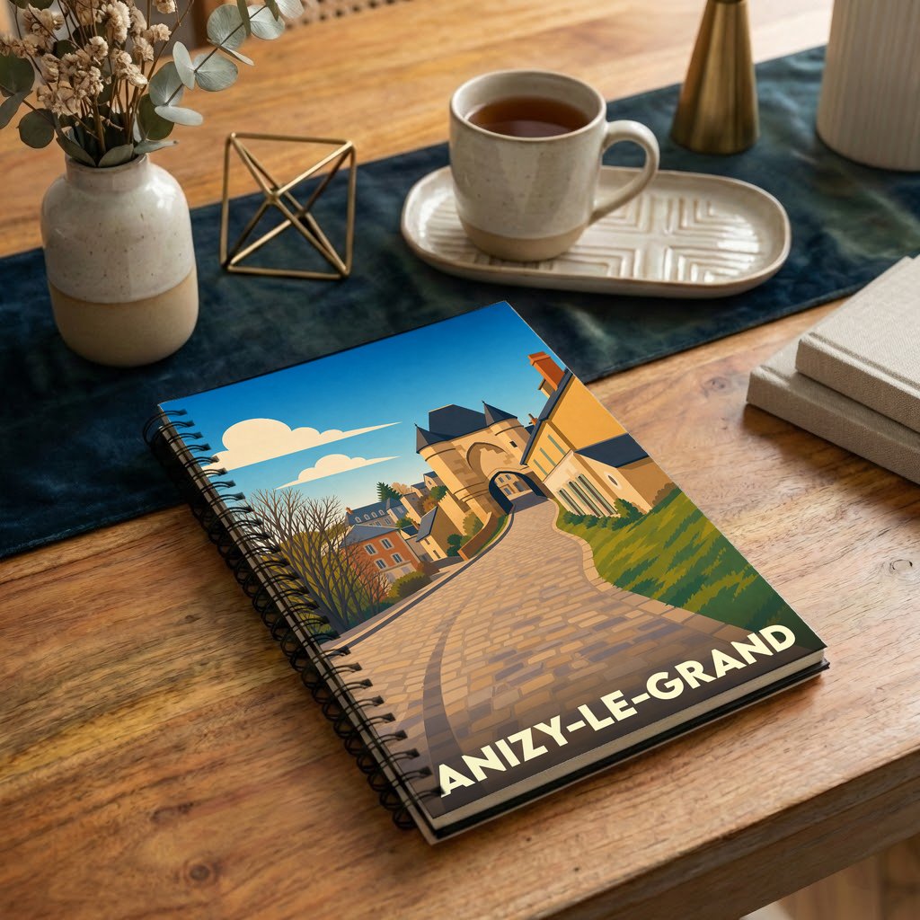 Carnet souvenir de la ville de Anizy-le-Grand avec une illustration stylisée.