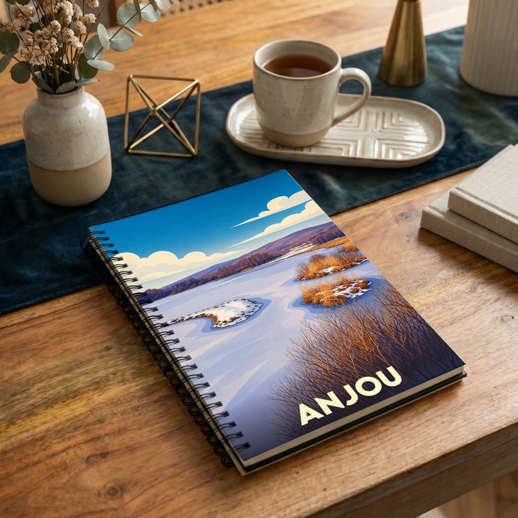 Carnet souvenir de la ville d'Anjou avec une illustration stylisée de paysage hivernal.