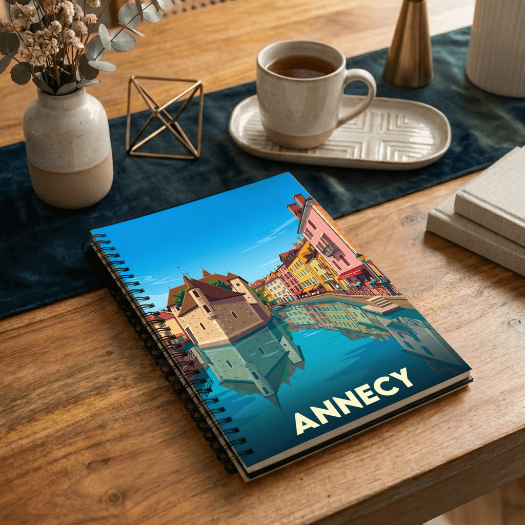 Carnet souvenir de la ville d'Annecy avec une illustration stylisée de son centre historique.