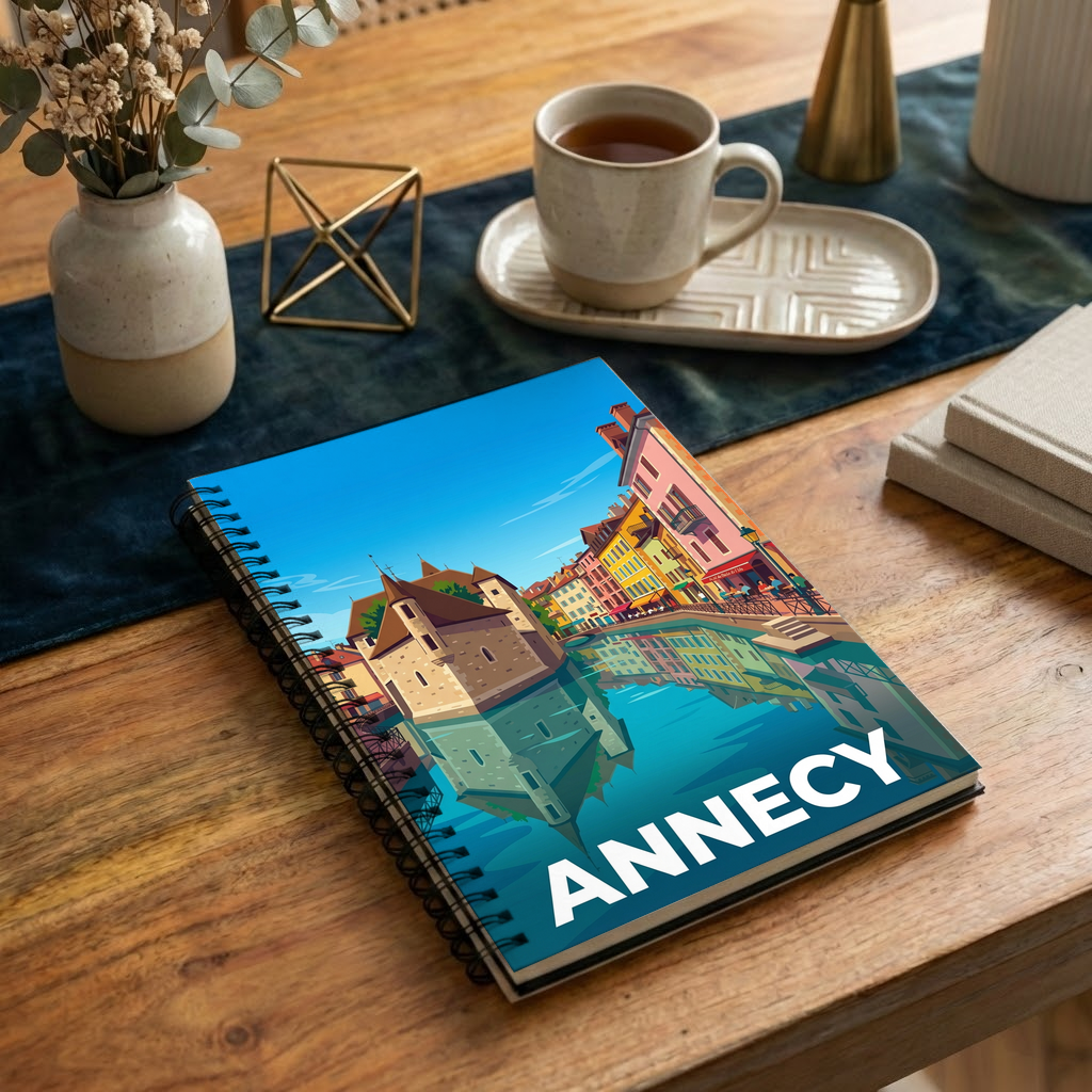 Carnet souvenir de la ville d'Annecy avec une illustration stylisée de son centre historique.