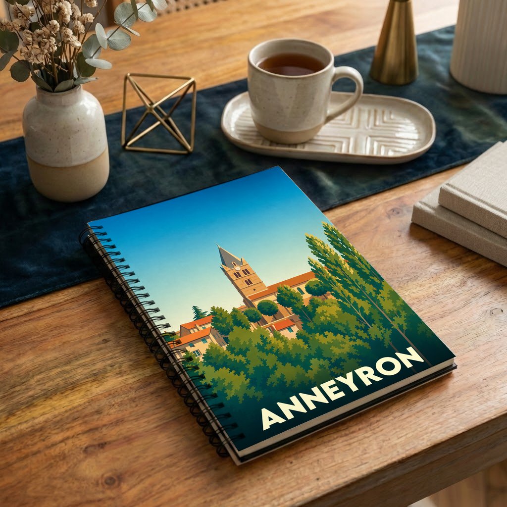 Carnet de notes à spirales souvenir de la ville d'Anneyron avec une illustration stylisée de son église et de sa végétation.