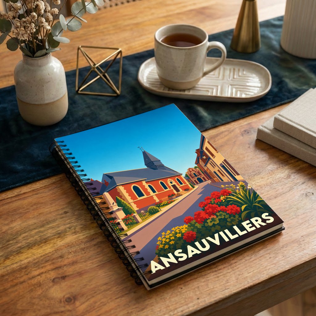 Carnet de notes souvenir de la ville d'Ansauvillers orné d'une illustration colorée et stylisée.
