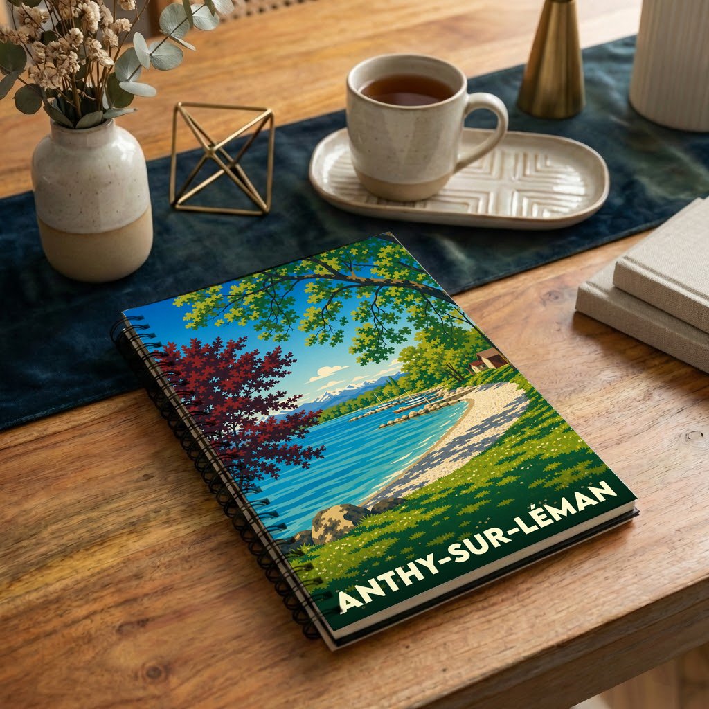 Carnet à spirale souvenir de la ville de Anthy-sur-Léman avec une illustration stylisée des bords du lac.