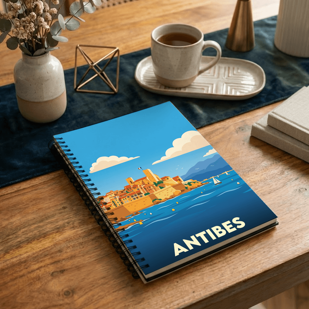 Carnet souvenir de la ville d'Antibes avec une illustration stylisée de son front de mer.