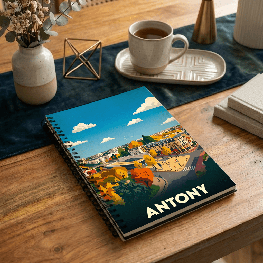 Carnet souvenir de la ville d'Antony avec une illustration urbaine stylisée.
