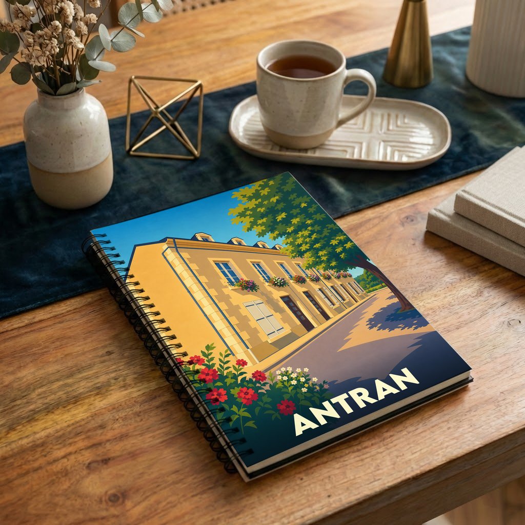 Carnet à spirale souvenir de la ville d'Antran avec une illustration stylisée de son architecture.