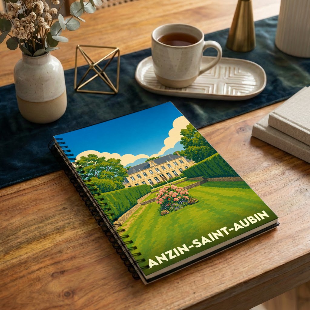 Carnet à spirales souvenir de la ville de Anzin-Saint-Aubin avec une illustration stylisée de son château et ses jardins.