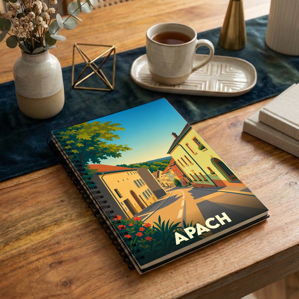 Carnet souvenir de la ville d'Apach avec une illustration stylisée.
