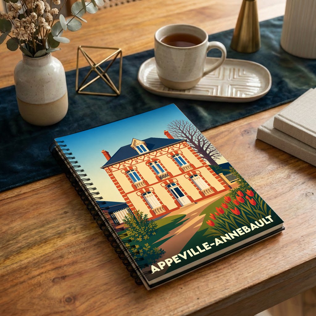 Carnet à spirales souvenir de la ville d'Appeville-Annebault avec une illustration stylisée d'une maison normande.